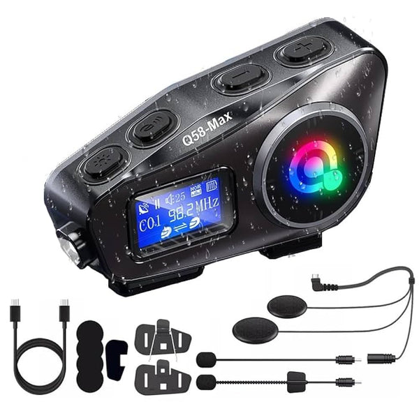 Intercomunicador de Moto Bluetooth Q58 MAX Pantalla LCD, Radio FM, MP3, IPX65